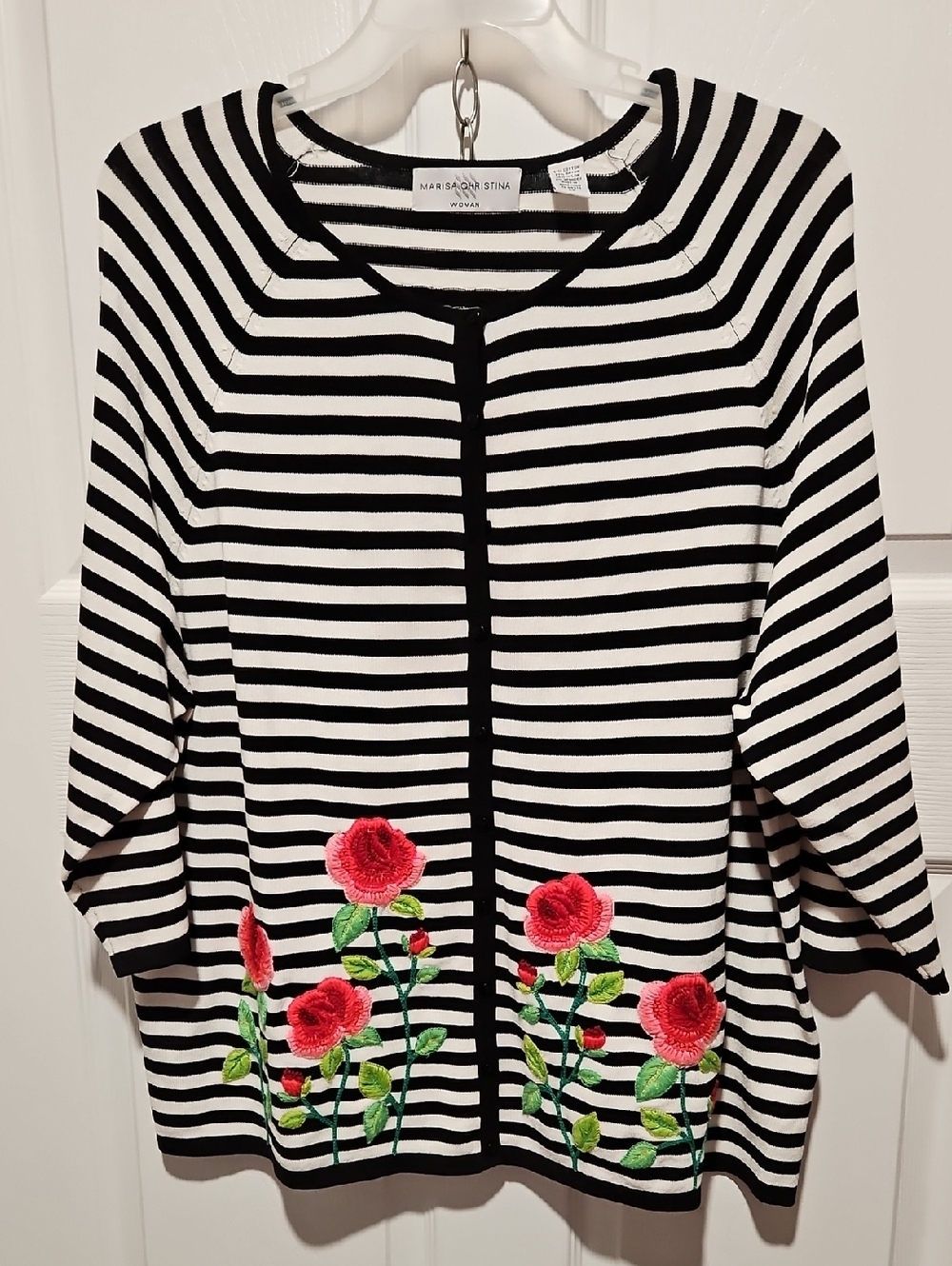 Marisa Christina Black & White Striped Cardigan with Red Rose Appliqué